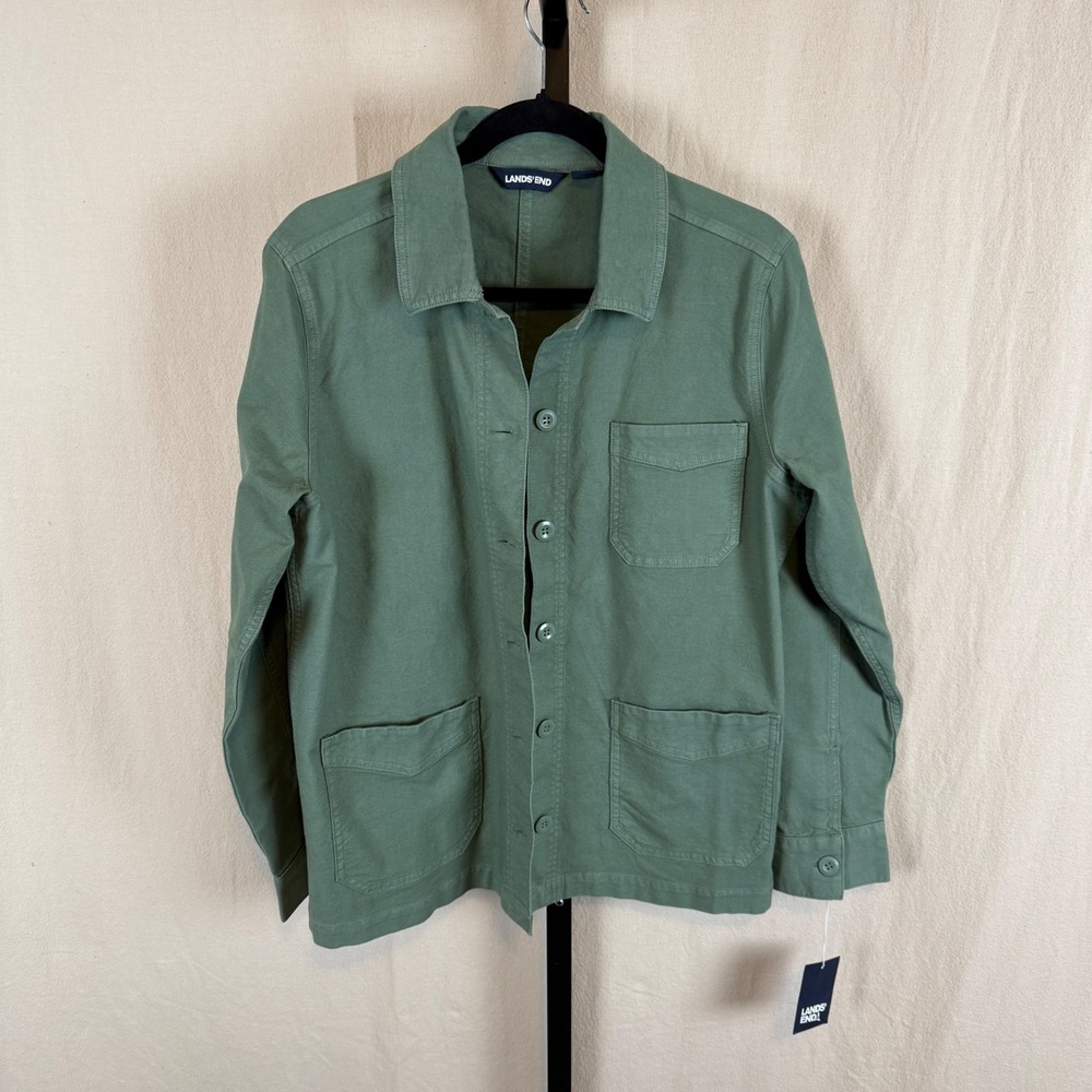 Lands End Womens Utility Chore Jacket  Green Cotton Canvas Button Up Size M